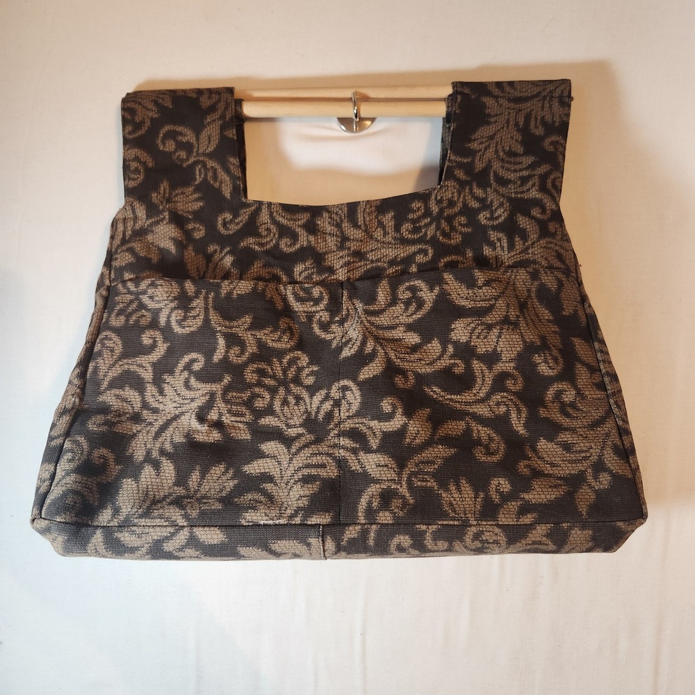 Handmade Tapestry Tote Bag Brown Damask Floral Wood Handle Craft Knitting Bag